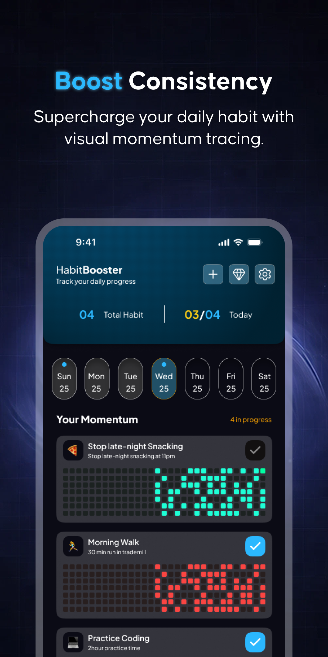 HabitBooster habit streak tracking screen.